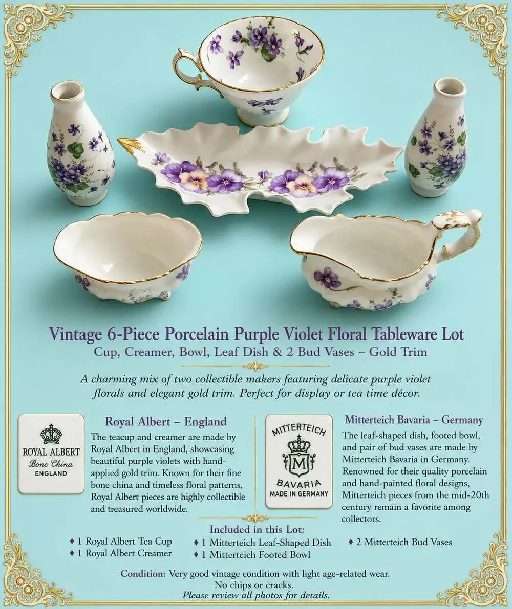 Vintage 6-Piece Assorted Porcelain Violet Floral Tableware Lot with Gold Trim